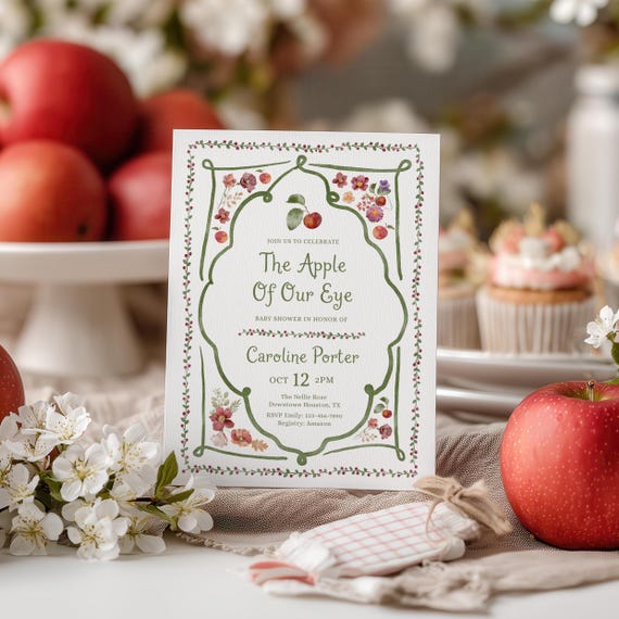 Fall Orchard Baby Shower Invitation | Apple Of Our Eye Garden Party Template | Neutral Green Red Watercolor Vintage Border Card