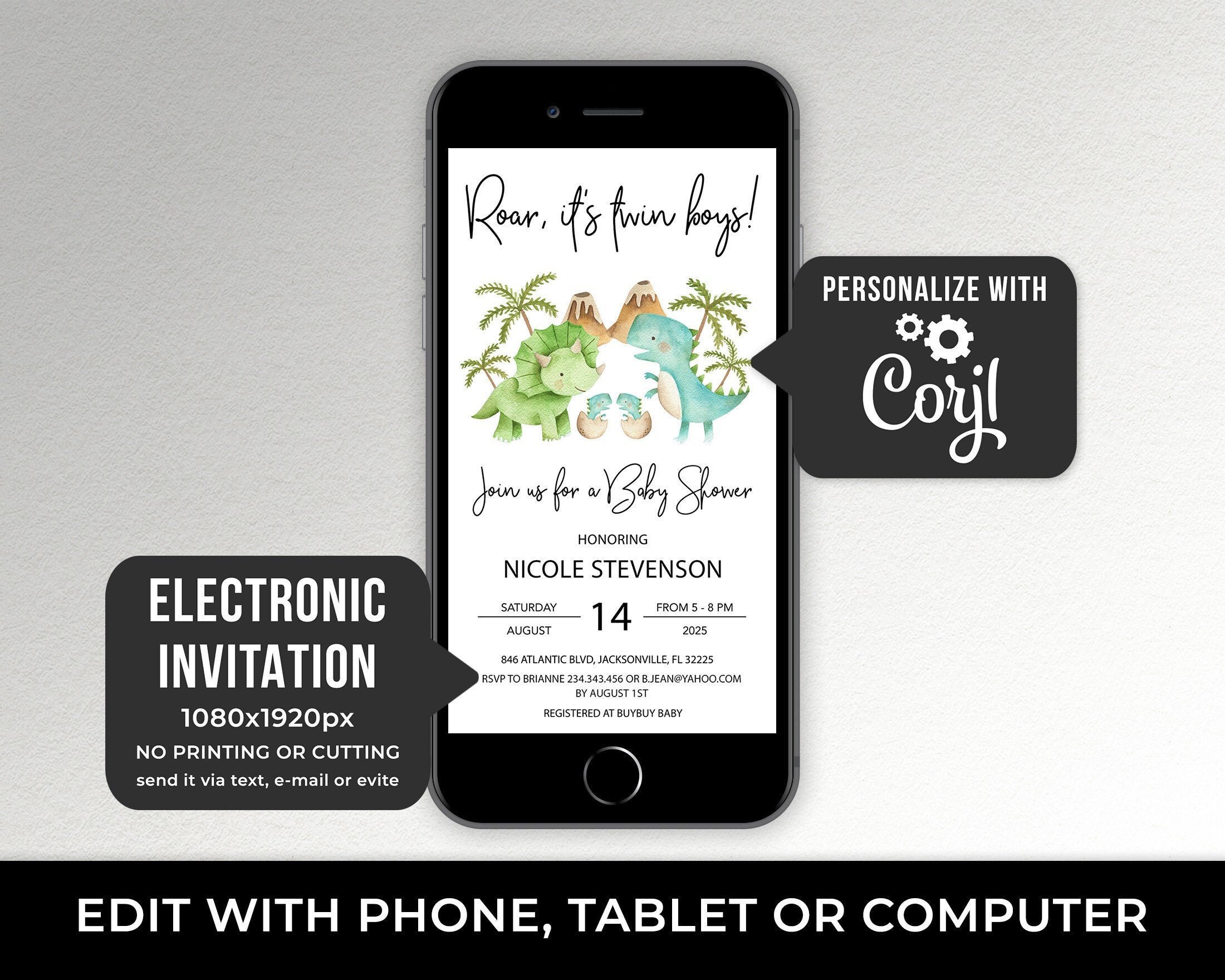 Dinosaur Twins Baby Shower Evite Electronic Twin Boy Etsy