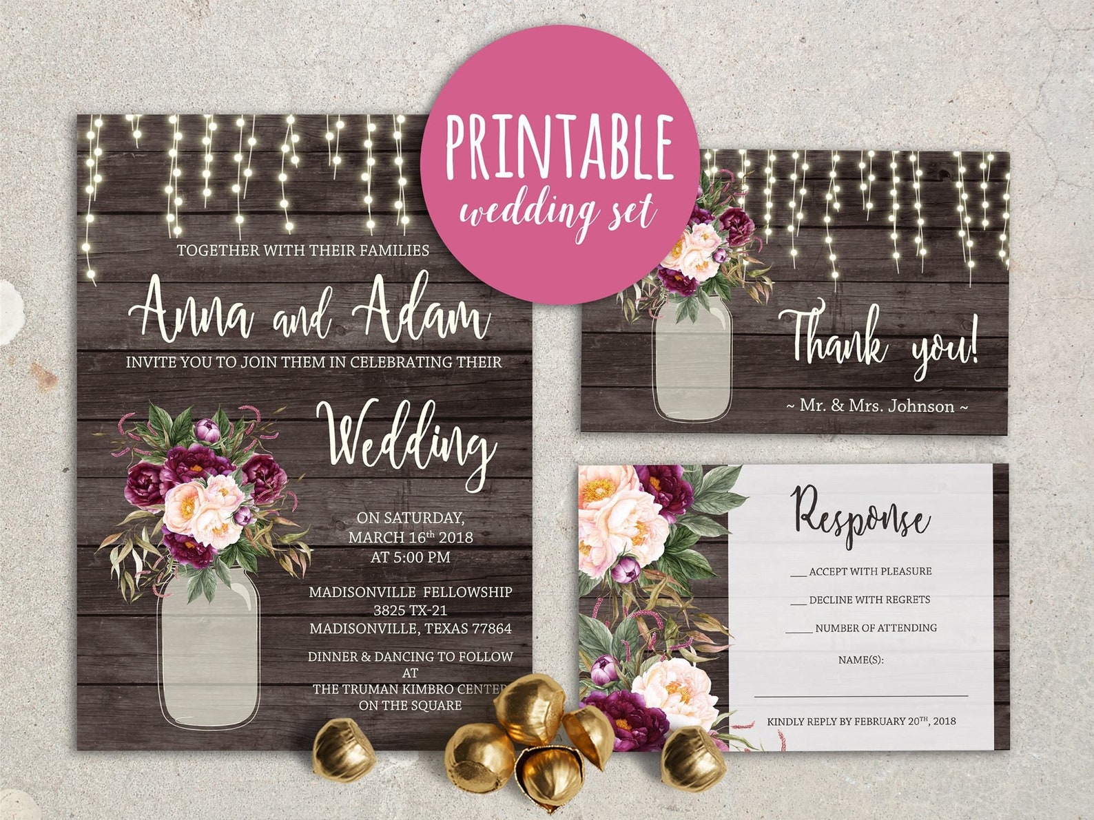 Rustic Wedding Invitation Printable Wedding Invitation Set - Etsy