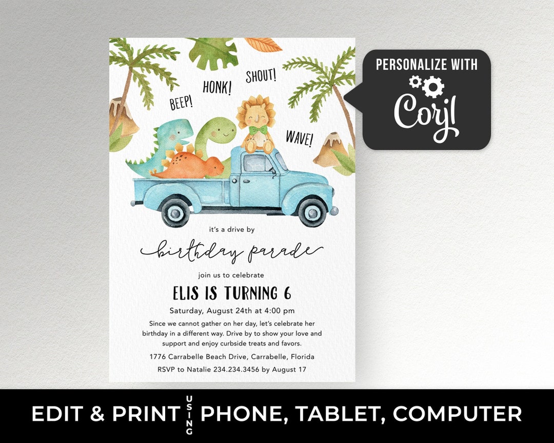 Dinosaur Birthday Invitation Boy Drive by Birthday Invitation - Etsy