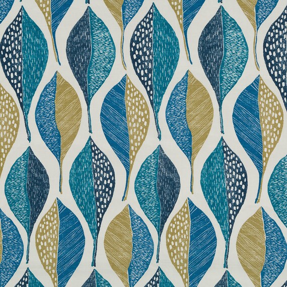 Contemporary Blue Gold Leaf Drapery Fabric Turquoise Etsy