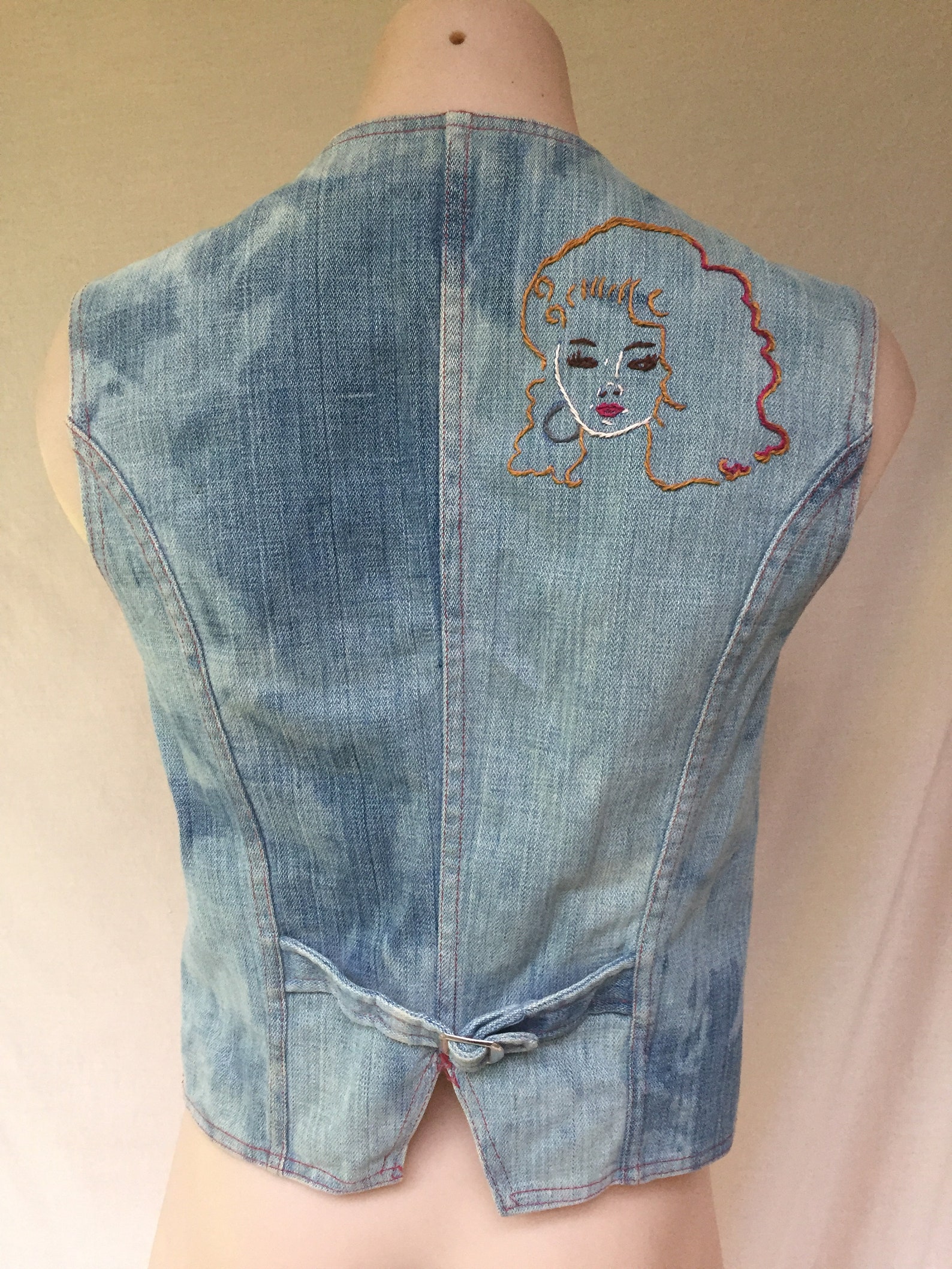 Hand Embroidered Denim Vest With Retro Lady Design Size 14 Etsy UK