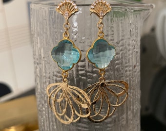 Golden earrings with fine gold with zircon and aquamarine stone