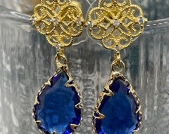 Golden earrings with fine gold drop crystal Swarovski electric blue