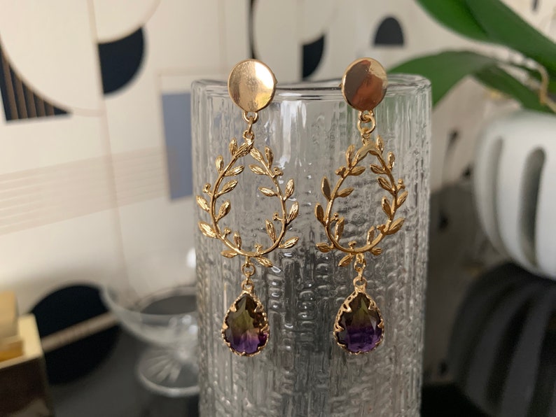 laurel wreath and yellow boho crystal Golden earrings with fine gold