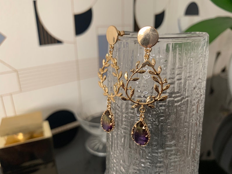 laurel wreath and yellow boho crystal Golden earrings with fine gold