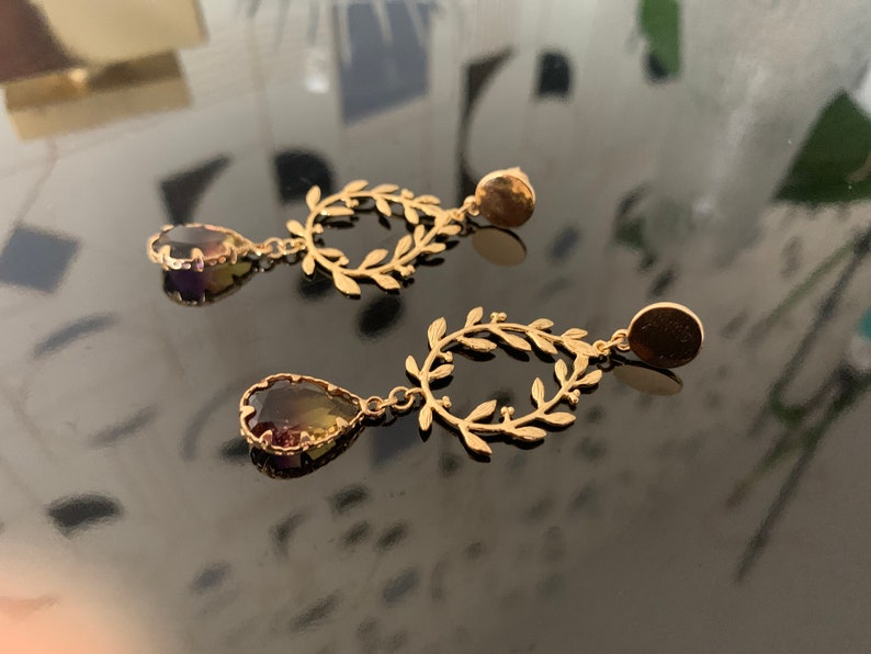 laurel wreath and yellow boho crystal Golden earrings with fine gold