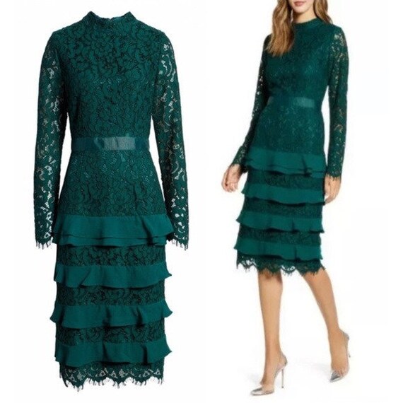 RACHEL PARCELL Lace Flounce Green Dress 