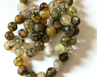Agate Snake Skin Cracked Round Gemstone Beads - Bead Size 10mm - Yellow Umber - Organic Polished - Center Drilled - 10 pieces per order