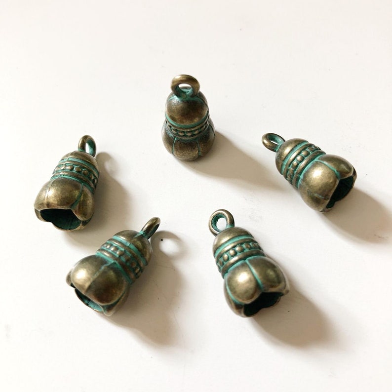 3mm Top Loop Prayer Bell Tibetan Verdigris Patina Charm Pendant or Focal 02 Pieces per Order Size 18mm Green Patina on Brass