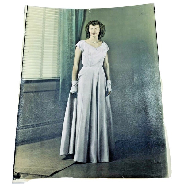 Young Lady Formal Long Dress 8x10 Color Photography Portrait 1945 1940s Vintage