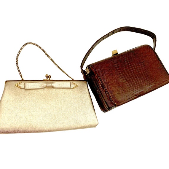 2 Small Brown Vinyl Bags Purse Gold Glitter Evenin