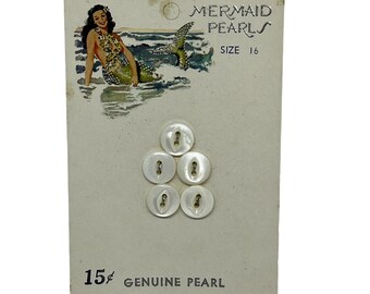 Card with 5 Genuine Pearl Mermaid Buttons Size 16 White 2 Hole Button New Vtg