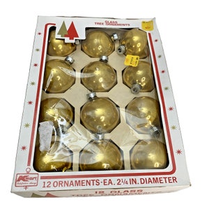 12 SHINY BRIGHT 2 1/4 inch Glass Christmas Ornaments 12 Round Ball Gold Vintage