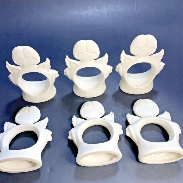 6 Ceramic Angel Wings Napkin Rings Set Ivory White Religious Christmas Vintage