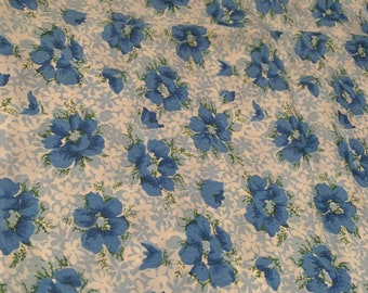 3+ yds Baby Blue Green Flowers Floral Acetate Silky Fabric 44w Vintage 60's 70's