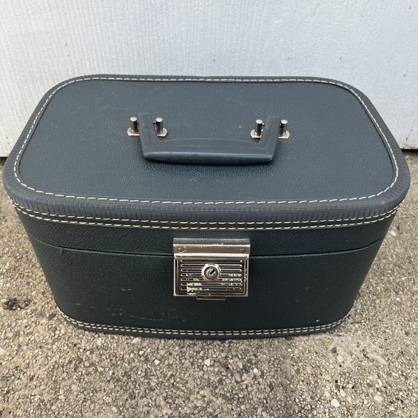 Gray Hard Side Case Mirror Makeup Train Suitcase Luggage No Tray Vintage