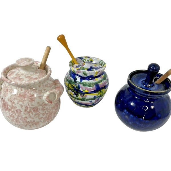 3 Vintage Studio Pottery Honey Pot Sugar Bowl Lid Glazed Wooden Dipper Signed