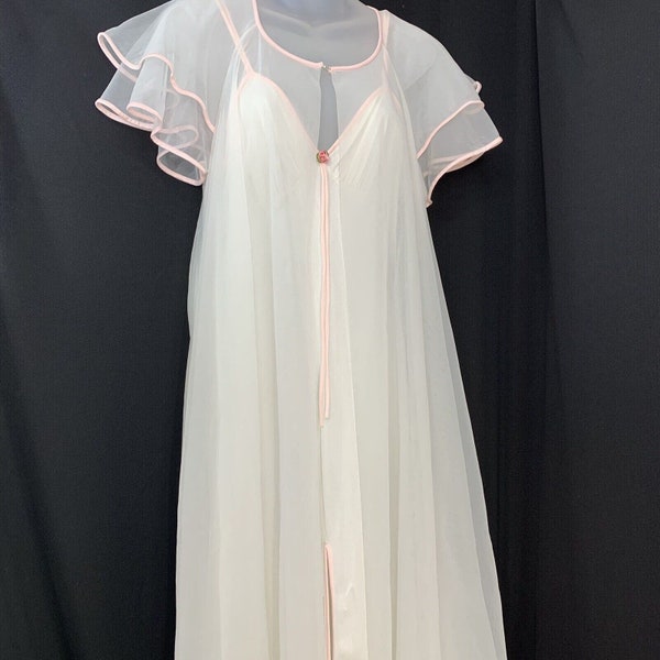 Val Mode 2 pc Chiffon Nightgown Robe Peignoir Set White Sheer Size M USA Vintage
