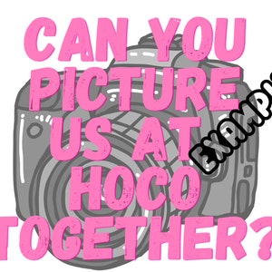 May include: A pink and gray graphic with a camera illustration and the text "Can you picture us at hoco together?"