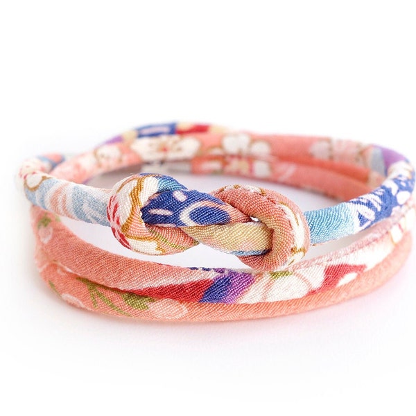 Pink & Blue Sakura Kimono Bracelet, Necklace Japanese chirimen jewelry, Sweet cherry blossom blue pale pink - HANA MORI - 4-5mm