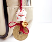 Lucky Cat and Purified Prayed 5 yen lanyard. Bag pouch charm strap Japanese ceramic cat bead lucky Japanese coin with dark red thread