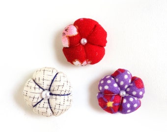 Set of 3 Fridge Magnets, Cotton Kimono pattern, Thin neodymium magnets / plum and cherry blossom dot, Cotton 3pcs mg02