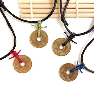 Purified & prayed 5 yen silky cord necklace  / Japanese authentic lucky coin, five yen Goen pendant silky cord necklace / Black