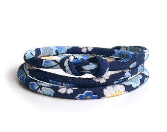 NEW! Navy Japanese Bracelet Kimono Jewelry, Necklace - HANA MORI - Light blue cherry blossom on navy dark blue 4mm HN12