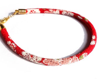 Japanese bracelet Cherry Blossom Red Bracelet/Anklet / Single Japanese chirimen kimono cord, Sakura on red - HITOE -