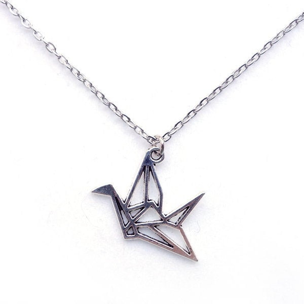 Origami Crane Pendant, Japanese gift necklace Tsuru Necklace in dull silver color adjustable chain / custom length