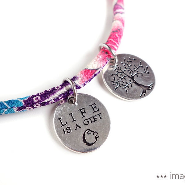 Tree of Life charm for Kimono bracelet, Round disc charm in silver color / alphabet letter A to Z