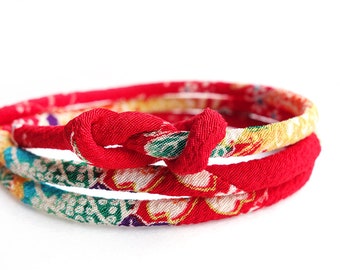 Japanese Jewelry Japanese Cord Bracelet, wrap your Kimono bracelet anklet, necklace Ancient pattern - HANA MORI - Red green yellow 5mm