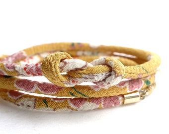 Japanese Jewelry,  Asian bracelet, necklace, anklet, chirimen fabric cord, Sakura on Smokey yellow - HANA MORI - 5mm