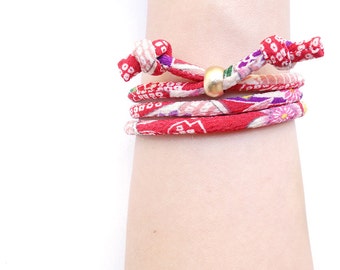 Japanese Chirimen Kimono Wrap Bracelet - YAMATO - Jewelry sliding knot cord / Lovely Sakura blossom on pink red 5mm