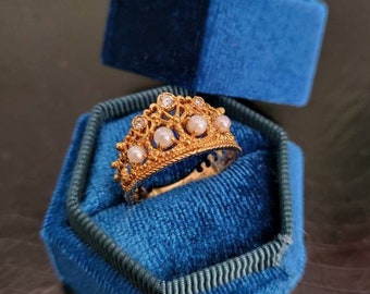 Vintage 18K Solid Yellow Gold Diamond Pearl Ring, 'Princess Diana Tiara Ring', by Stuart Devlin & Franklin Mint, 1985, Size 7