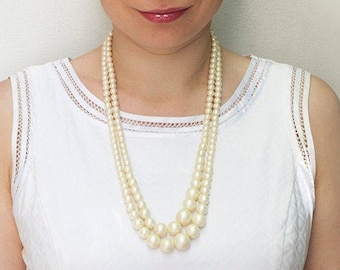 WOW Vintage 1960s Necklace - Matte Creamy White Faux Pearls - Multi-strand Hong Kong Signed Necklace Plastic - Wedding Bridal Gift Accessory