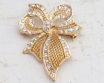 Vintage Large Bow Brooch | Golden Alloy with Clear Rhinestones Crystals | Mint condition | Pin Retro Costume Jewellery