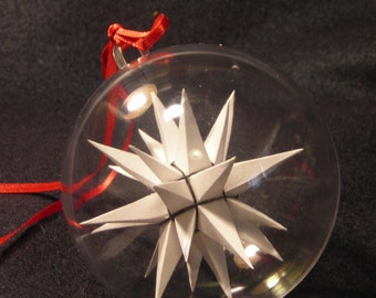 Three inch White (with black binding) handmade paper Moravian Star used as decoration, ornaments or art.