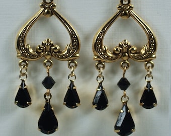 Vintage Earrings, Victorian Renaissance Inspired Earrings, Black Swarovski Rhinestone Chandelier Earrings, Wedding Bridesmaid Earrings