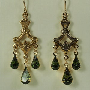 Victorian Olive Green Swarovski Rhinestone Earrings: Fleur de Lis