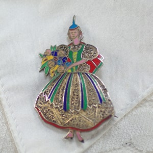Topazio Portugal Flower Girl Enamel Filigree Hallmarked Brooch, Ethnic Folk Costume Woman Pin, Friend Birthday Graduation Pin Under 35