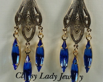 Vintage Earrings, Art Deco Inspired Chandelier Earrings, Sapphire Antique Reproduction Earrings, Wedding Bridesmaid Earrings, Blue Crystals