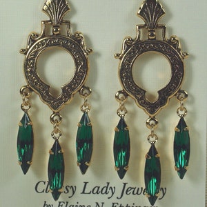 Emerald Swarovski Crystal Chandelier Earrings: Fleur de Lis, Victorian Style