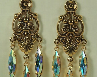 Vintage Ohrringe, Viktorianisch inspirierte Aurora Borealis Kronleuchter Ohrringe, Antike Reproduktion Ohrringe, Hochzeit Brautjungfer Kristall Ohrringe