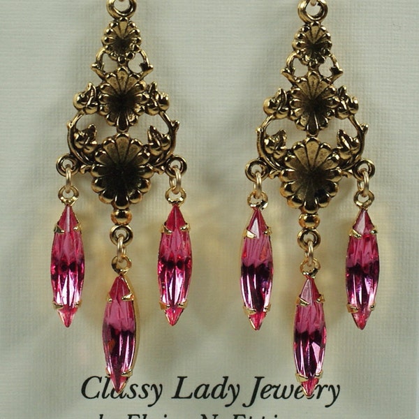 Vintage Earrings, Victorian Inspired Pink Chandelier Earrings, Swarovski Crystal Statement Dangles, Wedding Bridesmaid Couture Earrings