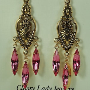 Victorian Pink Swarovski Chandelier Earrings: Gold Floral Dangle