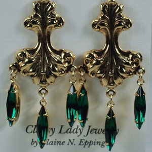 Vintage Earrings, Art Nouveau Inspired Chandelier Green Earrings, Emerald Rhinestone Statement Earrings, Wedding Bridesmaid Holiday Earrings image 1