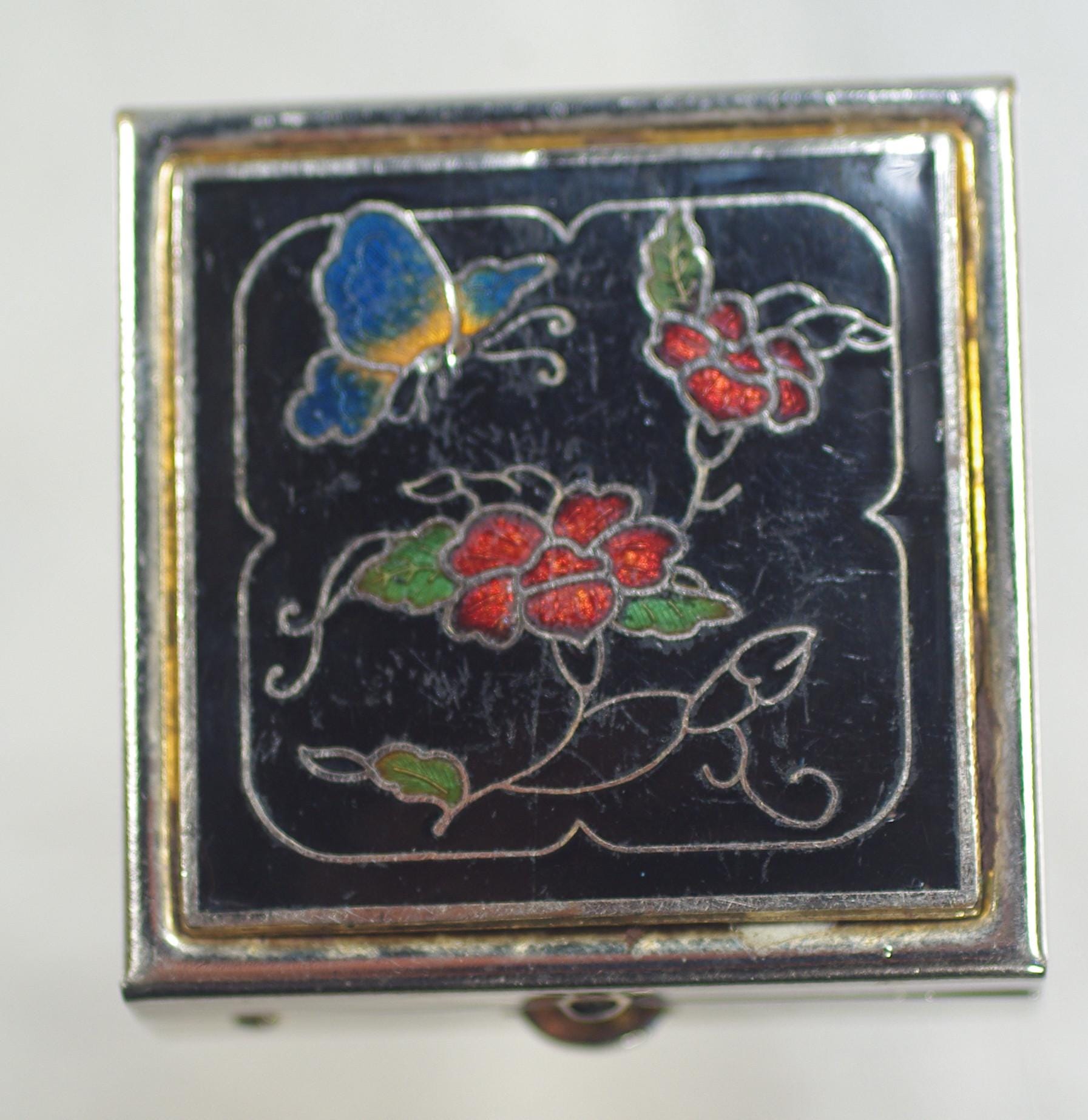 ヴィンテージの中国製七宝焼き小物入れ：エナメルフラワーバタフライ