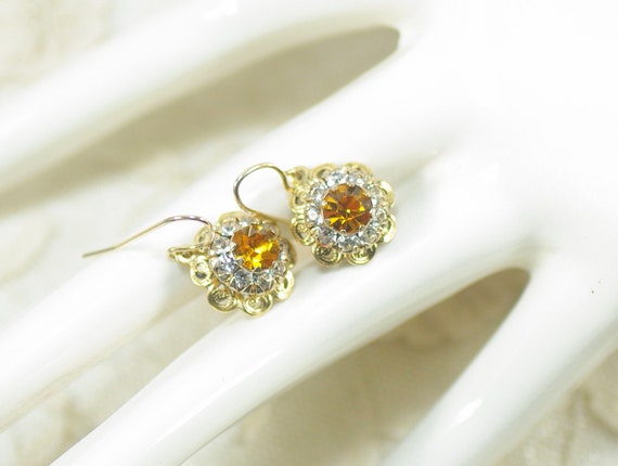 Vintage Topaz Rhinestone Drop Earrings, 50's Topa… - image 1